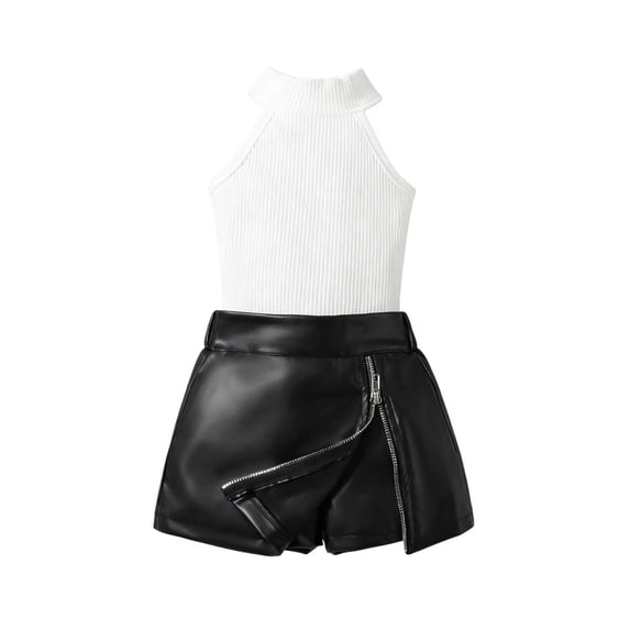 Zpanxa Girls Black Ribbed Halter Sleeveless Top and Faux Leather Zip Shorts Set 2 Piece Trendy Outfit