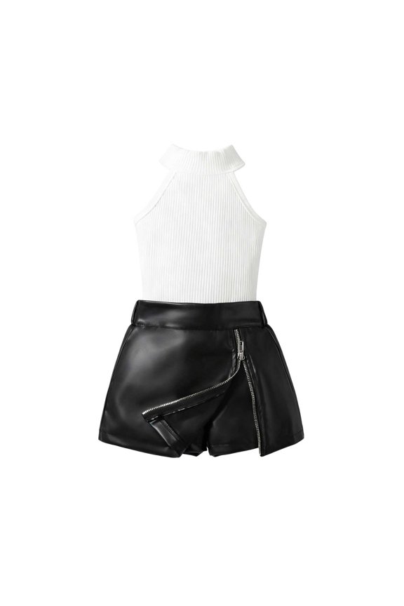 Girls Black Ribbed Halter Sleeveless Top and Faux Leather Zip Shorts Set 2 Piece Trendy Outfit