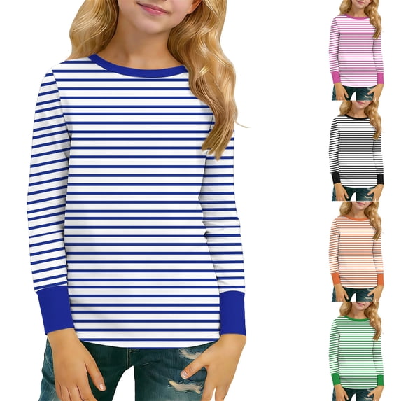 Zpanxa Girls Blue White Striped Color Block Long Sleeve T Shirt Crew Neck Ringer Casual Top Toddler