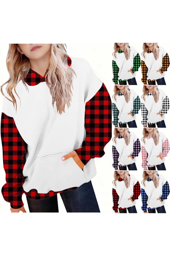 Girls Buffalo Plaid Color Block Pullover Hoodie Casual Long Sleeve for Winter Daily Wear Pink 7-8 Years