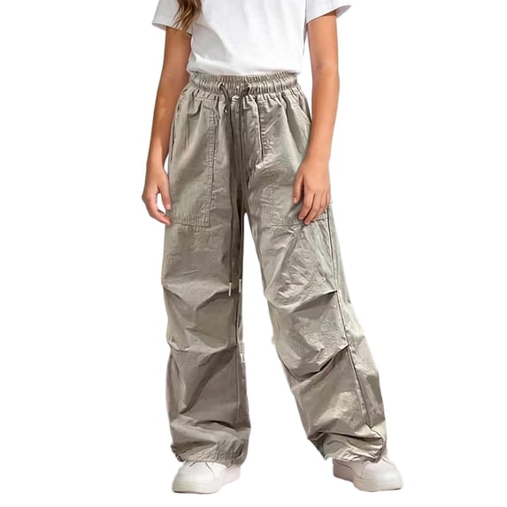 Zpanxa Girls Cargo Pants Girls Loose Fit Parachute Cargo Pants Drawstring Waist Baggy Wide Leg Trousers with Pockets for Daily Wear