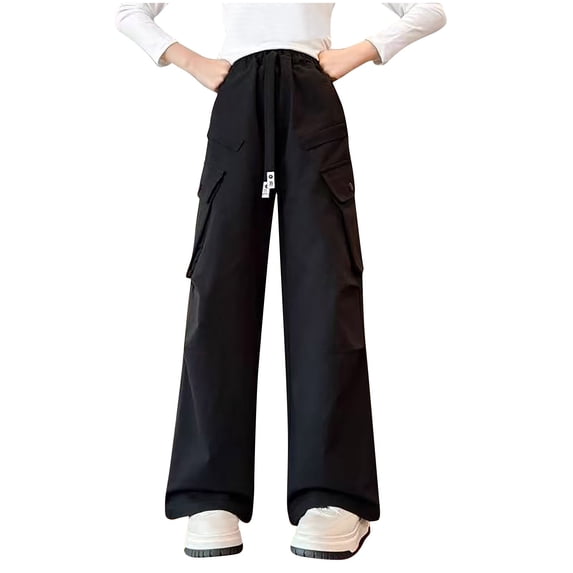 Zpanxa Girls Cargo Pants Girls Multi Pocket Parachute Cargo Pants Elastic Waistband Loose Fit Baggy Streetwear Trousers for Teens School