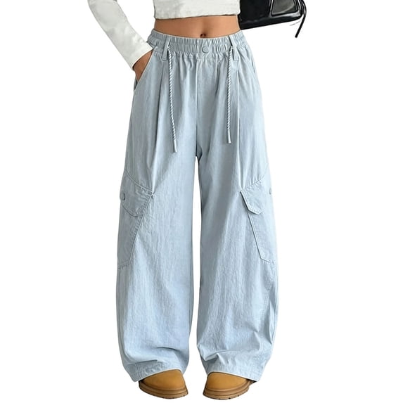 Zpanxa Girls Cargo Pants Wide Leg Pants with Drawstring Elastic Waist Side Pockets