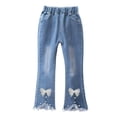 thumbnail image 1 of Zpanxa Girls Cherry Bow Applique Frayed Hem Flare Jeans Casual Denim Bell Bottom Pants Jeans for Girls, 1 of 6