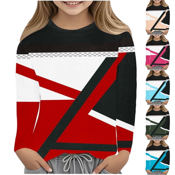 Zpanxa Girls Color Block Crew Neck Long Sleeve T Shirt Diagonal Split Graphic Casual Top Toddler