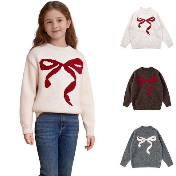 Zpanxa Girls Crew Neck Big Bow Jacquard Pullover Sweater Long Sleeve Soft Loose Knit Casual Fall Tops Sweaters for Girls