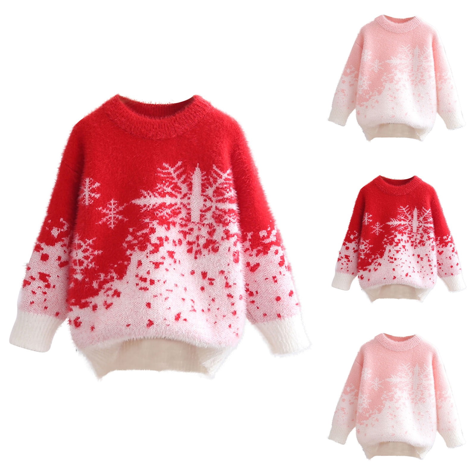 Zpanxa Girls Crew Neck Gradient Snowflake Christmas Tree Faux Mink Fleece Pullover Sweater Long Sleeve Holiday Warm Knit Tops Cotton Sweaters for Girl