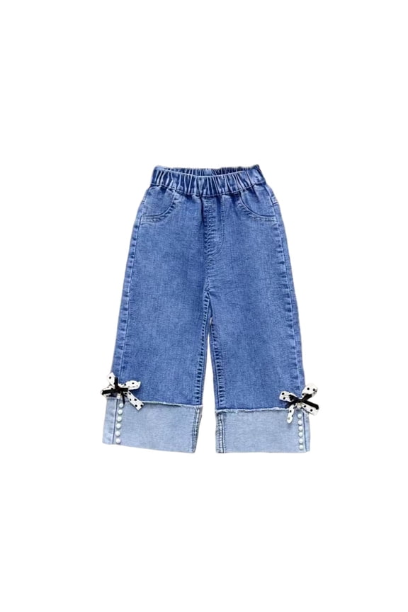 Girls Cute Cherry Patch Rolled Up Jeans Loose Denim Cropped Pants Jeans for Girls Blue 2-3 Years