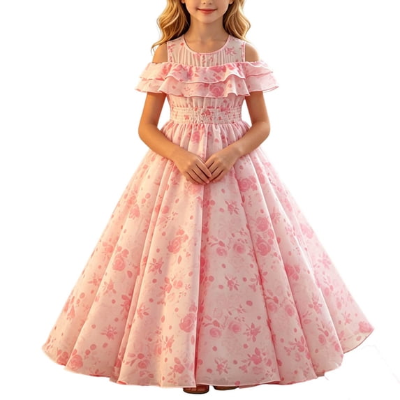 Zpanxa Girls Dresses, Girl's Chiffon Maxi Gown Floral Off Shoulder Ruffle formal Wedding Birthday Dresses Pink 12 Years