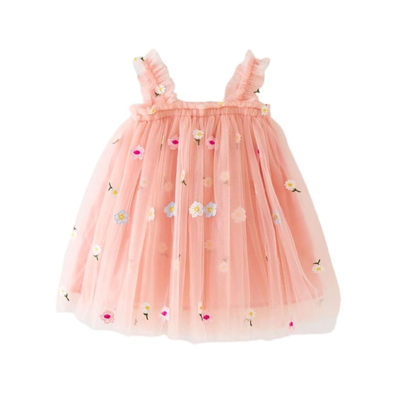 Zpanxa Girls Dresses, Girl's Mesh Sweet Dress Floral Embroidery Spaghetti Strap Sleeveless Dresses Pink 0 Years