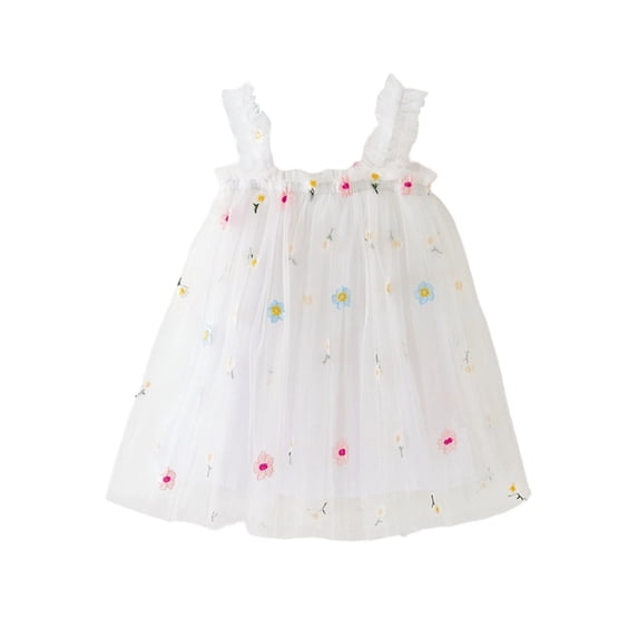 Zpanxa Girls Dresses, Girl's Mesh Sweet Dress Floral Embroidery Spaghetti Strap Sleeveless Dresses White 0 Years