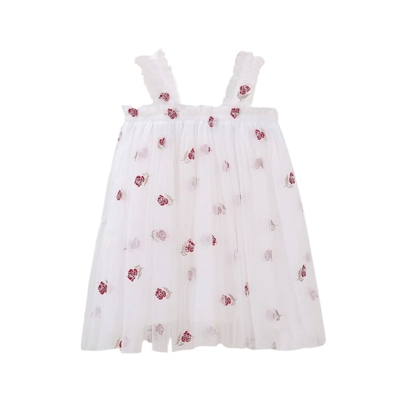 Zpanxa Girls Dresses, Girl's Mesh Sweet Dress Floral Embroidery Spaghetti Strap Sleeveless Dresses White 2 Years
