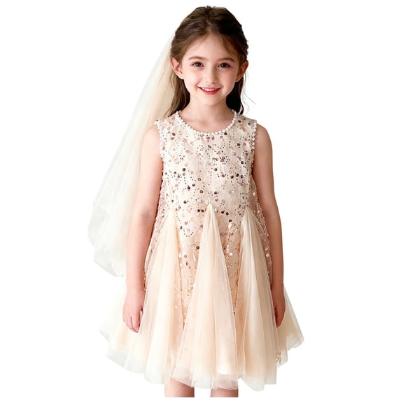 Zpanxa Girls Dresses, Girl's Sequin Mesh Camisole Dress Pearl Decor Sleeveless Nightgown Princess Dresses Beige 7 Years