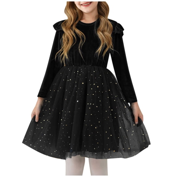 Zpanxa Girls Dresses Girls' Long Sleeve Emerald Velvet Tulle Dress Star Sparkle Ruffle Shoulder Formal Party Gown