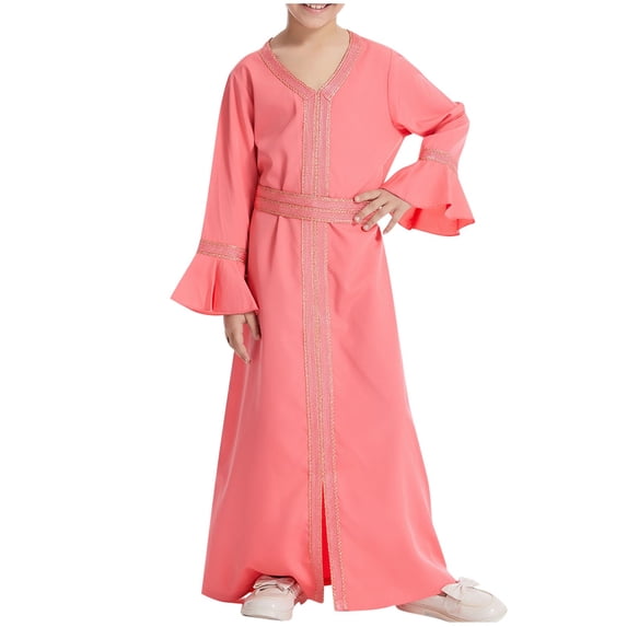 Zpanxa Girls' Dresses Girls' Long Sleeve Open Front Dress Gold Trim Flared Sleeve Casual Holiday Kids Outfit