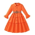 thumbnail image 1 of Zpanxa Girls' Dresses Girls' Long Sleeve Orange Belted Shirt Dress Flared Sleeve Button Tiered Spring Casual Outfit, 1 of 9