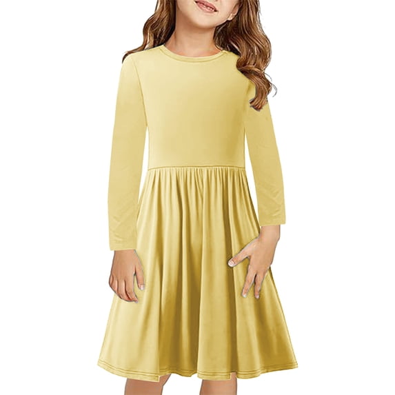 Zpanxa Girls' Dresses Girls' Long Sleeve Solid A-Line Dress Round Neck Gathered Waist Casual Daily Kids Outfit