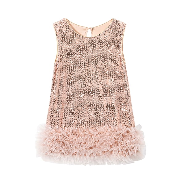 Zpanxa Girls Dresses, Kid's Glitter Casual Dress Solid Sleeveless Princess Daily Dresses Beige 8 Years