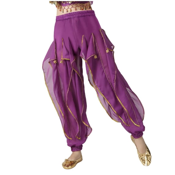 Zpanxa Girls Exotic Dance Harem Pants with Gold Trim Elastic Waist Loose Belly Dance Trousers for Performance Pants for Girls