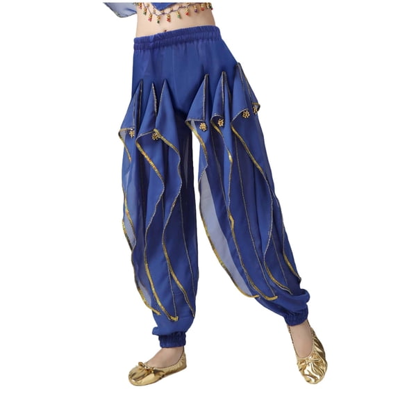 Zpanxa Girls Exotic Dance Harem Pants with Gold Trim Elastic Waist Loose Belly Dance Trousers for Performance Pants for Girls