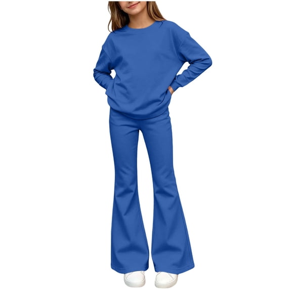 Zpanxa Girls Fall Outfits Solid Color Long Sleeve Crew Neck Top and Flared Pants Two Piece Set