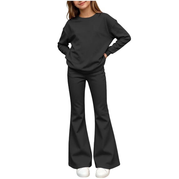 Zpanxa Girls Fall Outfits Solid Color Long Sleeve Crew Neck Top and Flared Pants Two Piece Set
