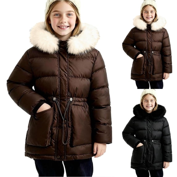 Zpanxa Girls Hood Puffer Coat Kids Drawstring Waist Cinched Warm Winter Snow JacketBrown 7-8Years