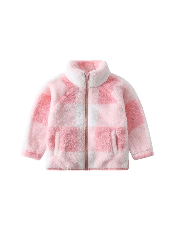 Girls Fleece Jacket Full Zip Stand Collar Heart Print Plush Warm Sporty Coat with Pockets