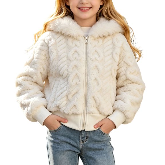 Zpanxa Girls Fleece Jacket Fuzzy Heart Hooded Jacket Zip Up Winter Coat with Trim