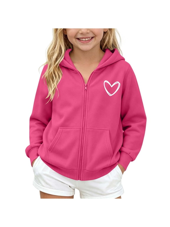 Girls Fleece Jacket Hooded Zip Up Sweatshirt Heart Print Lined Casual Jacket