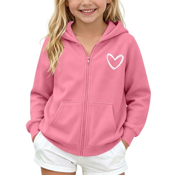 Zpanxa Girls Fleece Jacket Hooded Zip Up Sweatshirt Heart Print Lined Casual Jacket