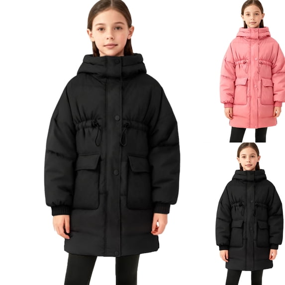 Zpanxa Girls Hooded Drawstring Waist Long Puffer Jacket Kids Loose Bubble Warm Winter Coat with Big Cargo PocketsPink 11-12Years