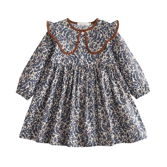 Zpanxa Girls' Long Sleeve Blue Floral Print Dress Contrast Trim Ruffle Collar Daily Flower Girl Outfit Flower Girl Dress
