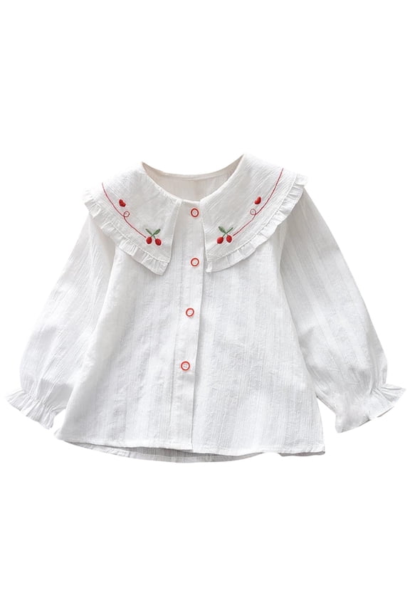 Girls Long Sleeve Button Down Shirts White Peter Pan Collar Top with Lace Trim Regular Fit Ruffle Cuff Blouse for Daily Wear Long Sleeve Shirts for Girls