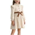 thumbnail image 1 of Zpanxa Girls Long Sleeve Dress Girls' Long Sleeve Beige Ruffle Neck Dress Button Belt Bow Summer Daily Casual Kids Outfit, 1 of 9