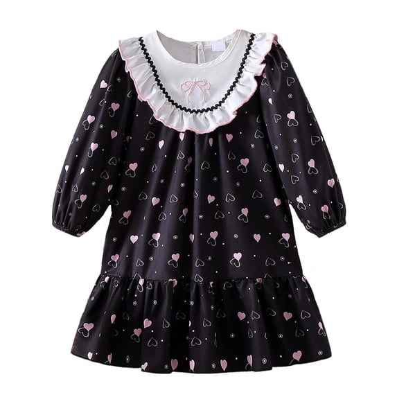 Zpanxa Girls Long Sleeve Dress Girls' Long Sleeve Black Heart Print Dress White Lace Ruffle Collar Tiered Spring Autumn Outfit