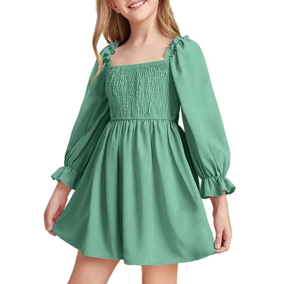 Zpanxa Girls Long Sleeve Dress Girls' Long Sleeve Smocked Square Neck Floral Dress Loose A-Line Summer Holiday Outfit