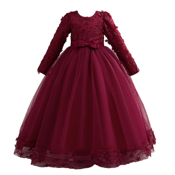 Zpanxa Girls' Long Sleeve Lace Applique Floor-Length Tulle Gown Bow Belt Wedding Flower Girl Dress Dresses for Girls