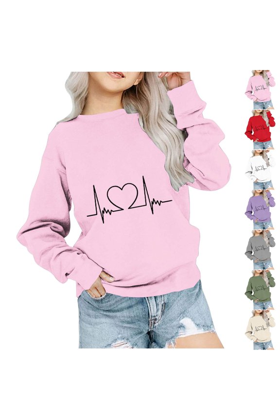 Girls Long Sleeve Pattern Sweatshirts Print Round Neck Short Hoodless Sweatshirt for Daily Play