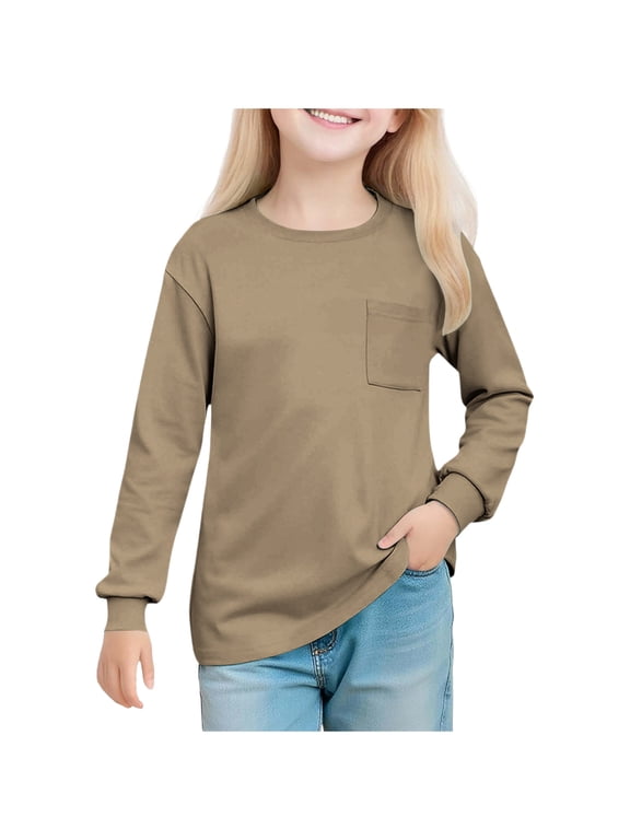 Girls Long Sleeve Polka Dot Shirts Crew Neck Top with Chest Pocket Soft Knit Regular Fit Daily Wear Tee Long Sleeve Shirts for Girls