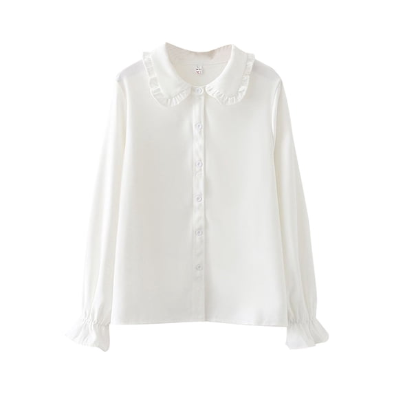 Zpanxa Girls Long Sleeve Ruffle Collar Button Down Shirts Solid White Blouse with Ruffle Cuffs Soft Fabric Spring Fall Daily Wear Top Long Sleeve Shirts for Girls