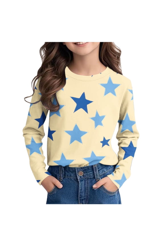 Girls Long Sleeve Star Print Shirts Crew Neck Soft Knit Top Regular Fit Spring Fall Daily Wear Long Sleeve Shirts for Girls