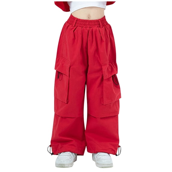Zpanxa Girls Pants Girls Adjustable Hem Wide Leg Cargo Pants Elastic High Waist Multi Zipper Pocket Lightweight Streetwear Bottoms