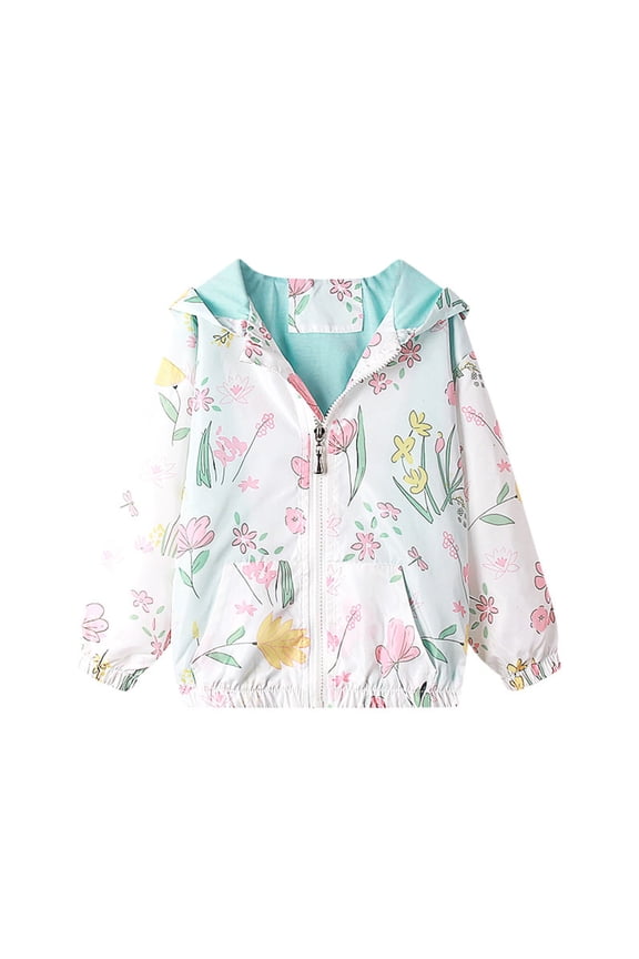 Girls Pink Floral Strawberry Print Hooded Windbreaker Jacket Lightweight Zip-Up for Spring