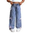 thumbnail image 1 of Zpanxa Girls Pink Ribbon Bow Wide Leg Jeans High Waist Vintage Acid Wash Loose Baggy Denim Pants Jeans for Girls, 1 of 5