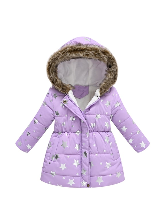 Girls Puffer Jacket Purple Star Print Hooded Winter Parka Trim Button Down Age 8 Years