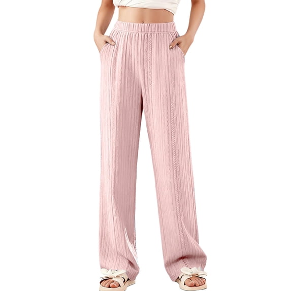 Zpanxa Girls Ribbed Knit Wide Leg Lounge Pants Elastic High Waist Soft Casual Daily Trousers Pants for Girls
