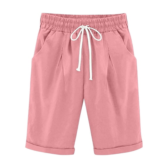 Zpanxa Girls Running Shorts Solid Cotton Linen Drawstring Knee Length Shorts Pockets Pink 10 Years
