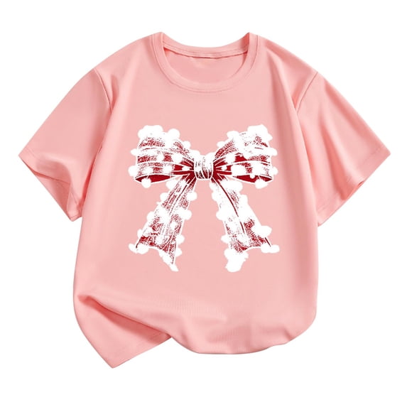 Zpanxa Girl Shirts Short Sleeve Crew Neck Sweet Bow Print Soft Everyday Casual Blouse 2 Years