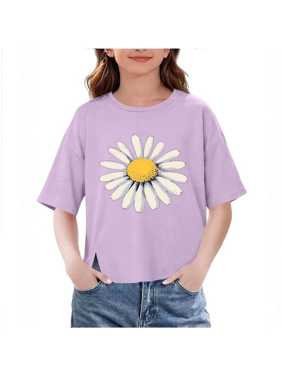 Girls Shirts, Girls Summer Tops Big Girls Print T-Shirt Loose Short Sleeve Split Hem Casual Tee Purple Crew Neck Summer Tops for Kids 3-14 Years Purple 3 Years